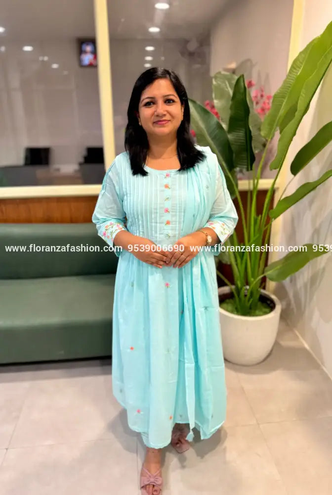 Top Bottom and Dupatta in Soft Mul-Cotton - 3144 - Aqua Blue / S