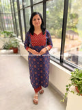 Top n Bottom Set in Printed Cotton - Navy Blue n Brick Red (3958B) - Navy Blue n Brick Red / L