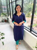 Top n Bottom set in Weaved Cotton -Navy blue n peacock green (3929) - navy blue / L