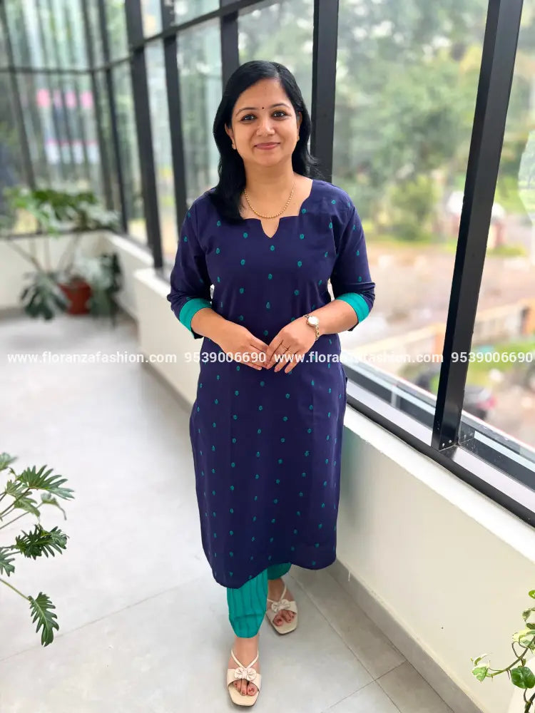 Top n Bottom set in Weaved Cotton -Navy blue n peacock green (3929) - navy blue / L