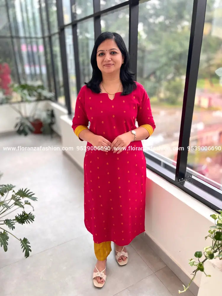 Top n Bottom set in Weaved Cotton -Rani pink n mustard yellow(3929) - Rani Pink / L