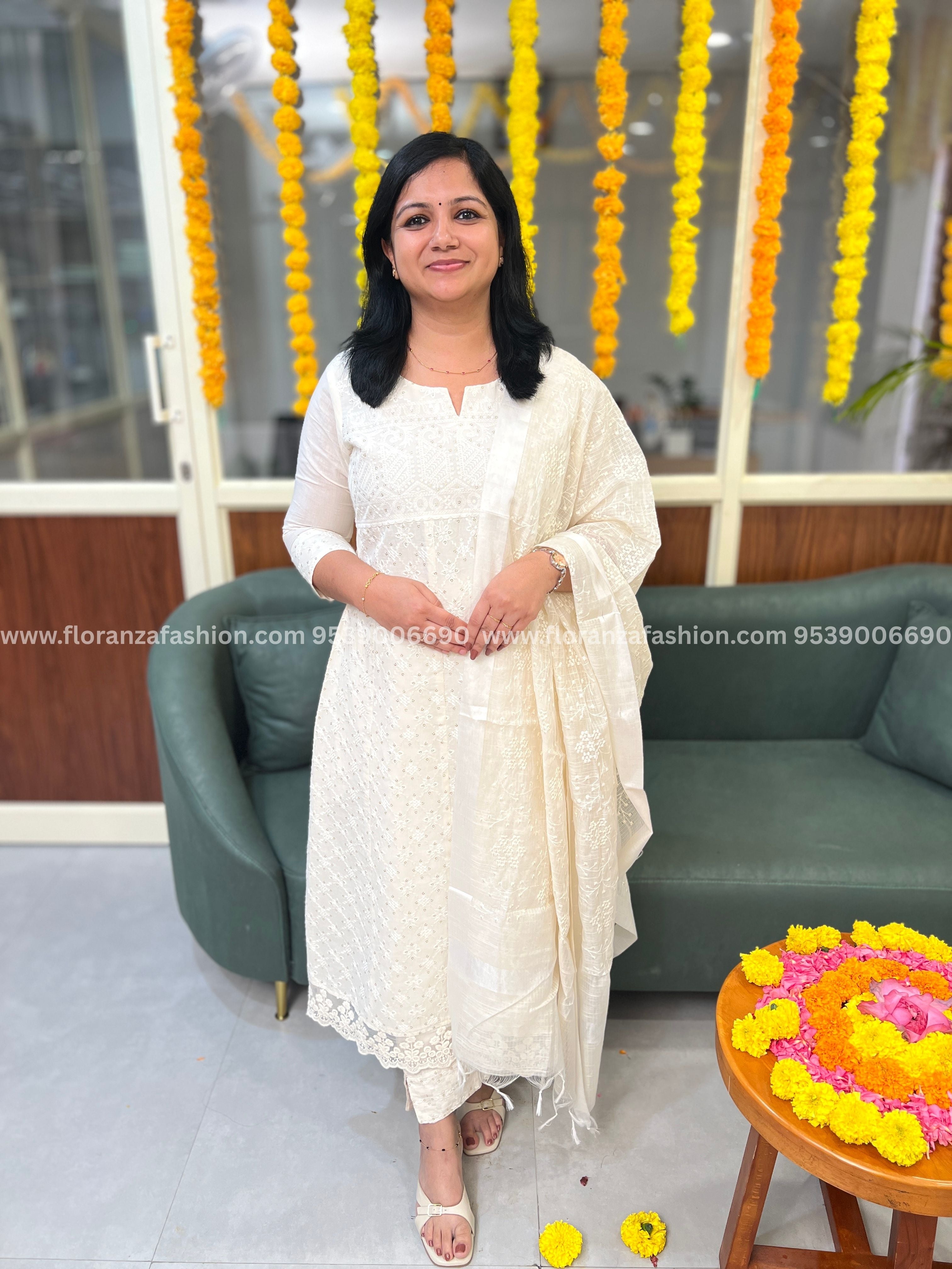 Pre-Book: Florista Onam Special 3 Piece Set In Cotton Hakoba with Sequins work - 3823