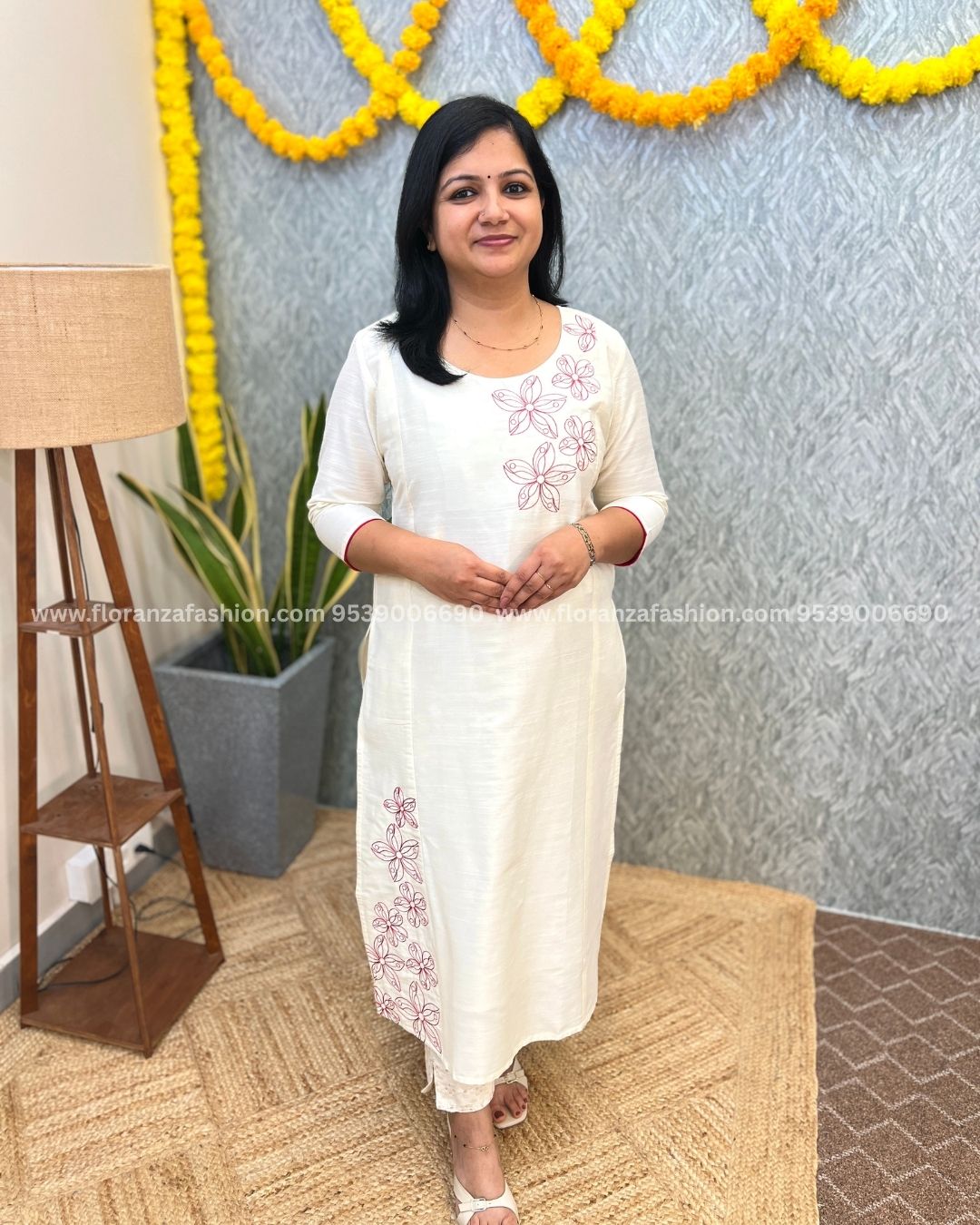 Pre-book: Florique Onam Special Kurti In Slub Silk With Embroidery -Off-White(3865)