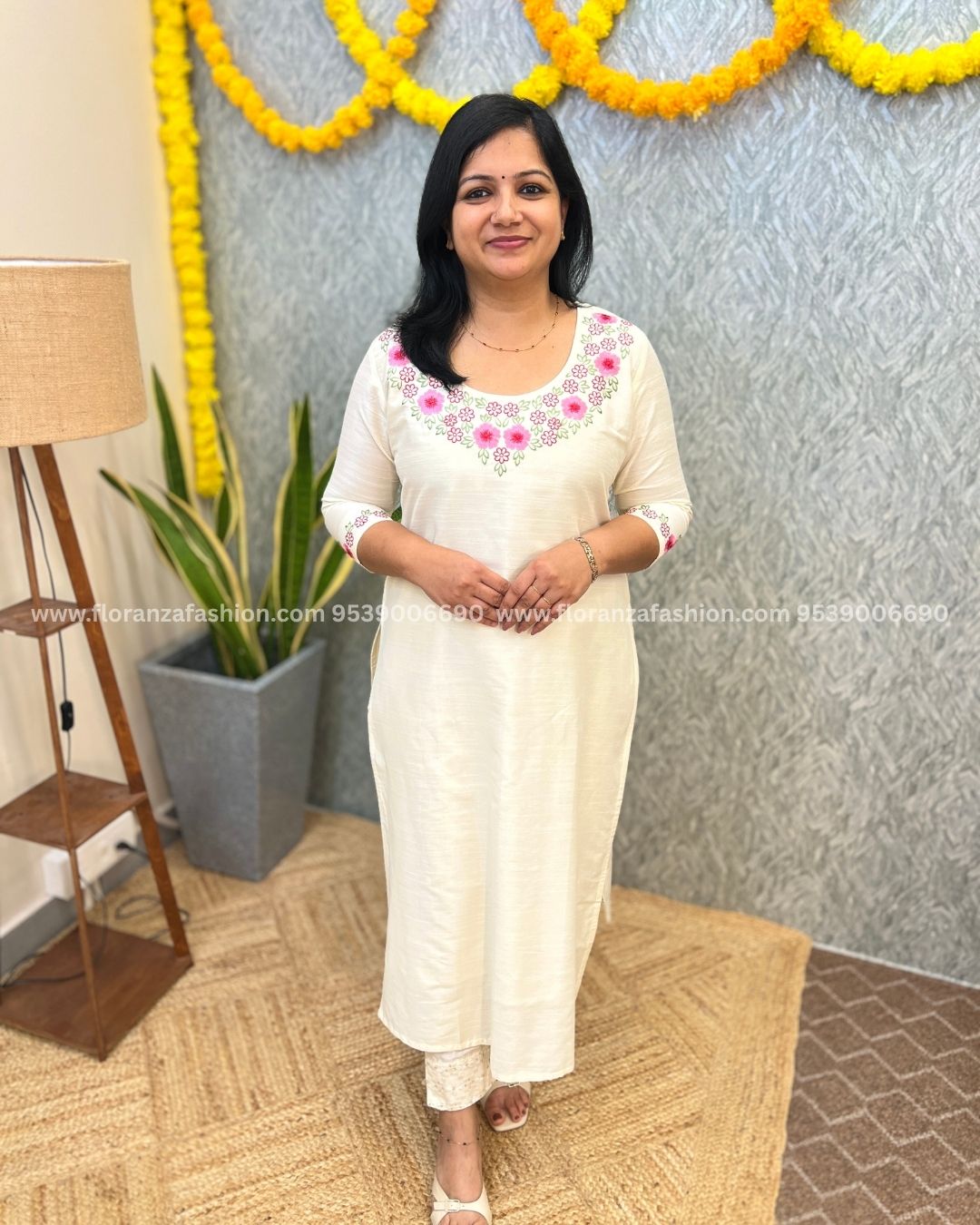 Pre-book: Florique Onam Special Kurti In Slub Silk With Embroidery -Off-White(3864)