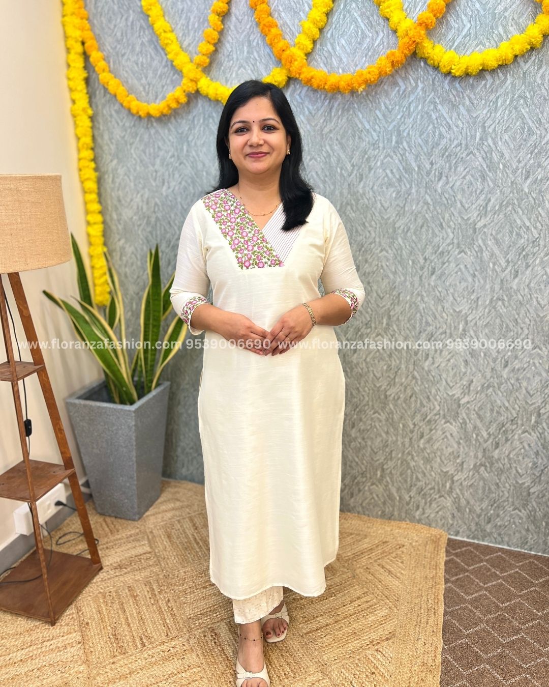 Pre-book: Florique Onam Special Kurti In Slub Silk With Embroidery -Off-White(3863)